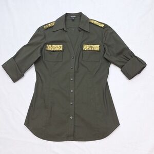 Express Shirt Womens Medium Olive Green Essential Stretch Military Style Sequins